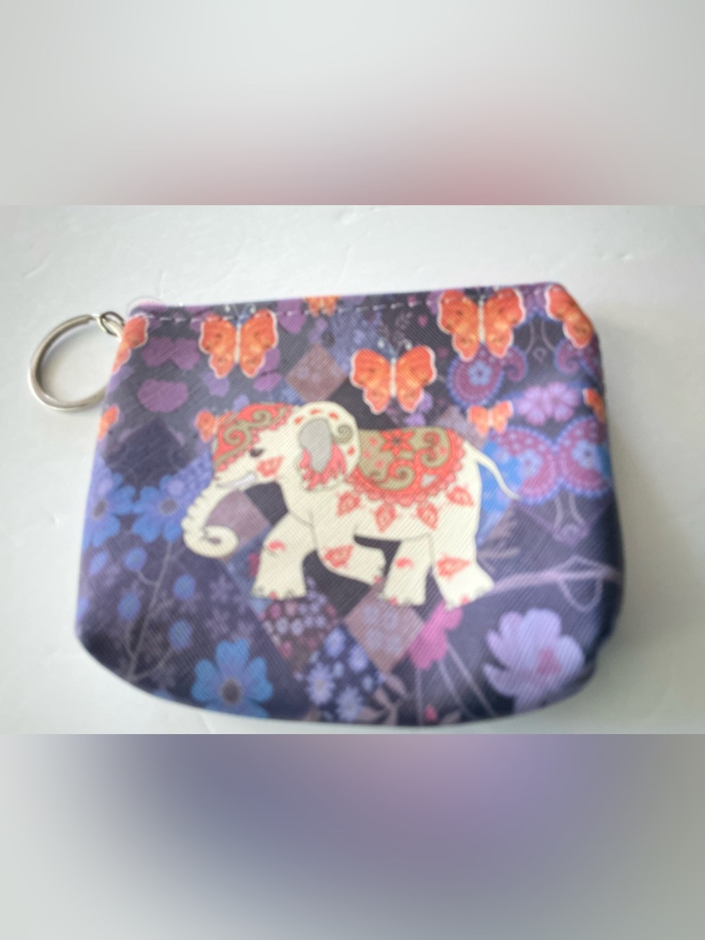 Purple Floral Elephant Coin Pouch Keyring